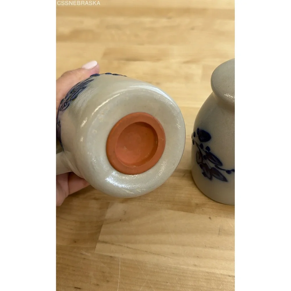 Vintage Salt Glaze Stoneware Salt and Pepper Shakers Blue Floral 2 Piece Set